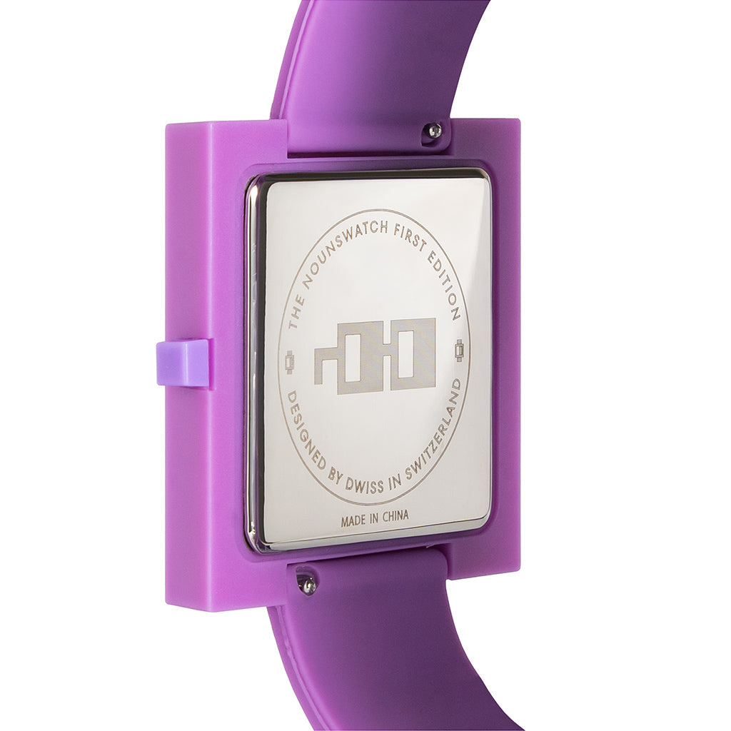 Nounswatch purple Case: TR90 thermoplastic. Incredibly durable, flexible, and lightweight.  Sizes: Square 42 mm x 42 mm x 6 mm thickness Movement: Japanese Miyota GL22 Dial: Special Mysterious time display, black Glass: Sapphire with anti-reflective coating  Strap: 22mm Silicone