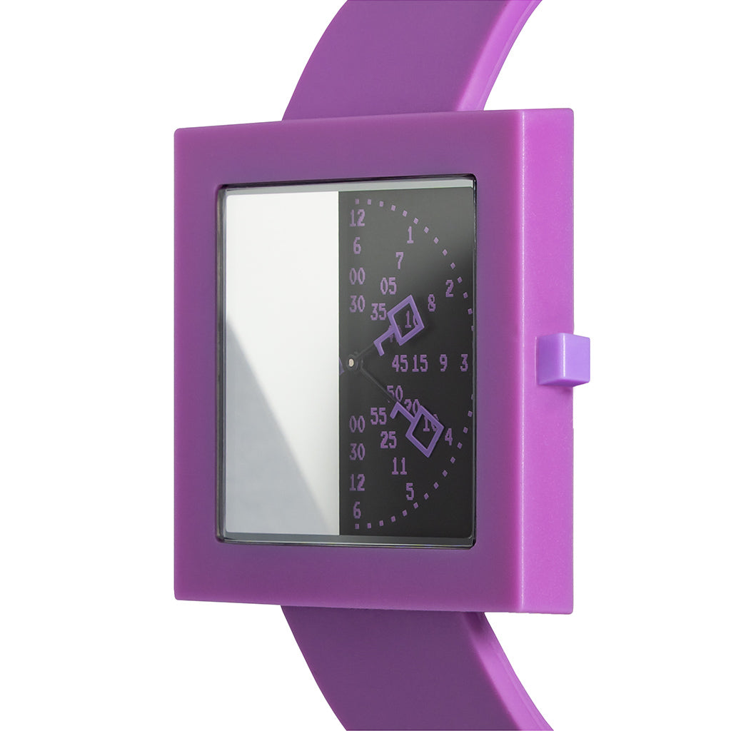 Nounswatch purple Case: TR90 thermoplastic. Incredibly durable, flexible, and lightweight.  Sizes: Square 42 mm x 42 mm x 6 mm thickness Movement: Japanese Miyota GL22 Dial: Special Mysterious time display, black Glass: Sapphire with anti-reflective coating  Strap: 22mm Silicone