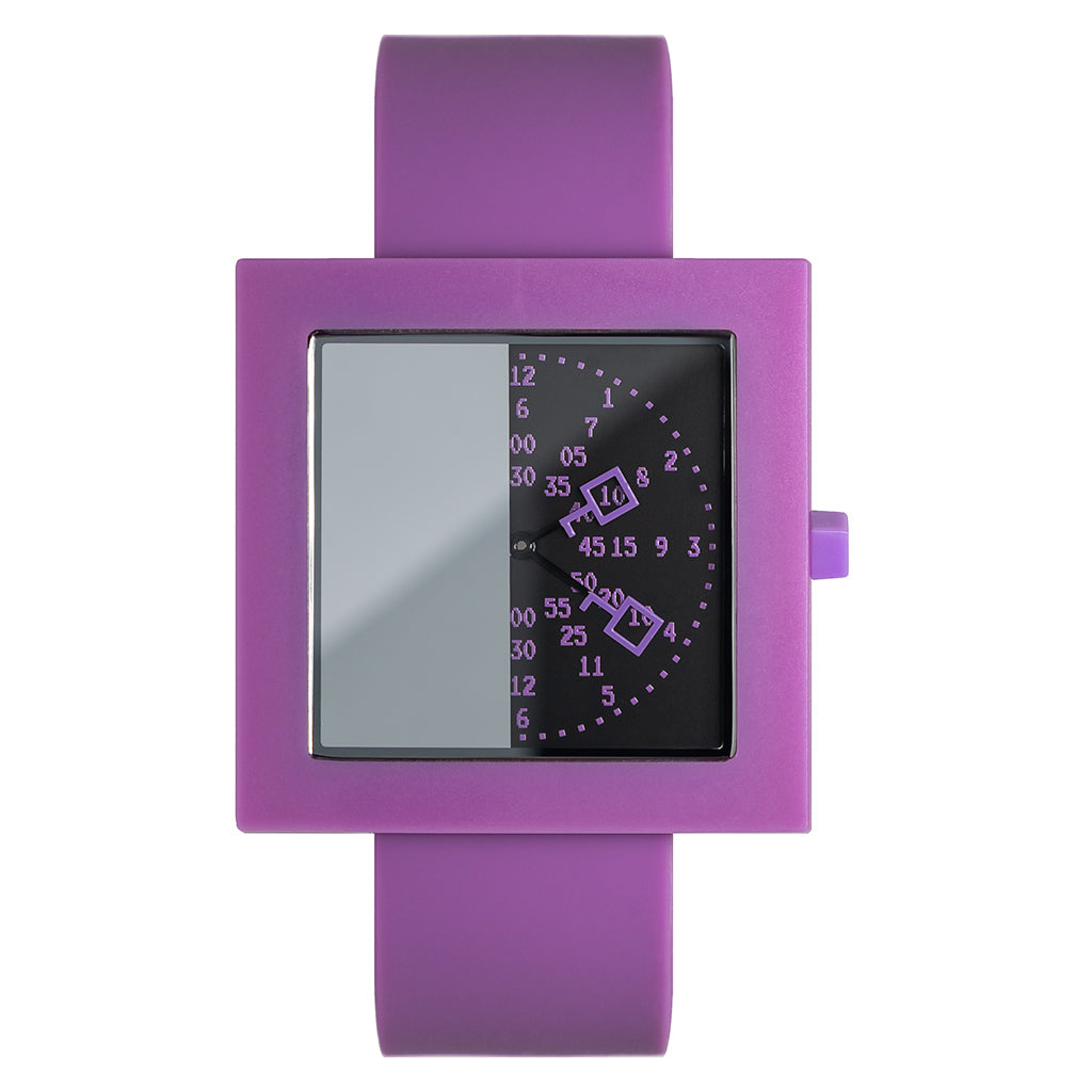 Nounswatch purple Case: TR90 thermoplastic. Incredibly durable, flexible, and lightweight.  Sizes: Square 42 mm x 42 mm x 6 mm thickness Movement: Japanese Miyota GL22 Dial: Special Mysterious time display, black Glass: Sapphire with anti-reflective coating  Strap: 22mm Silicone