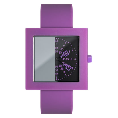 Nounswatch purple Case: TR90 thermoplastic. Incredibly durable, flexible, and lightweight.  Sizes: Square 42 mm x 42 mm x 6 mm thickness Movement: Japanese Miyota GL22 Dial: Special Mysterious time display, black Glass: Sapphire with anti-reflective coating  Strap: 22mm Silicone